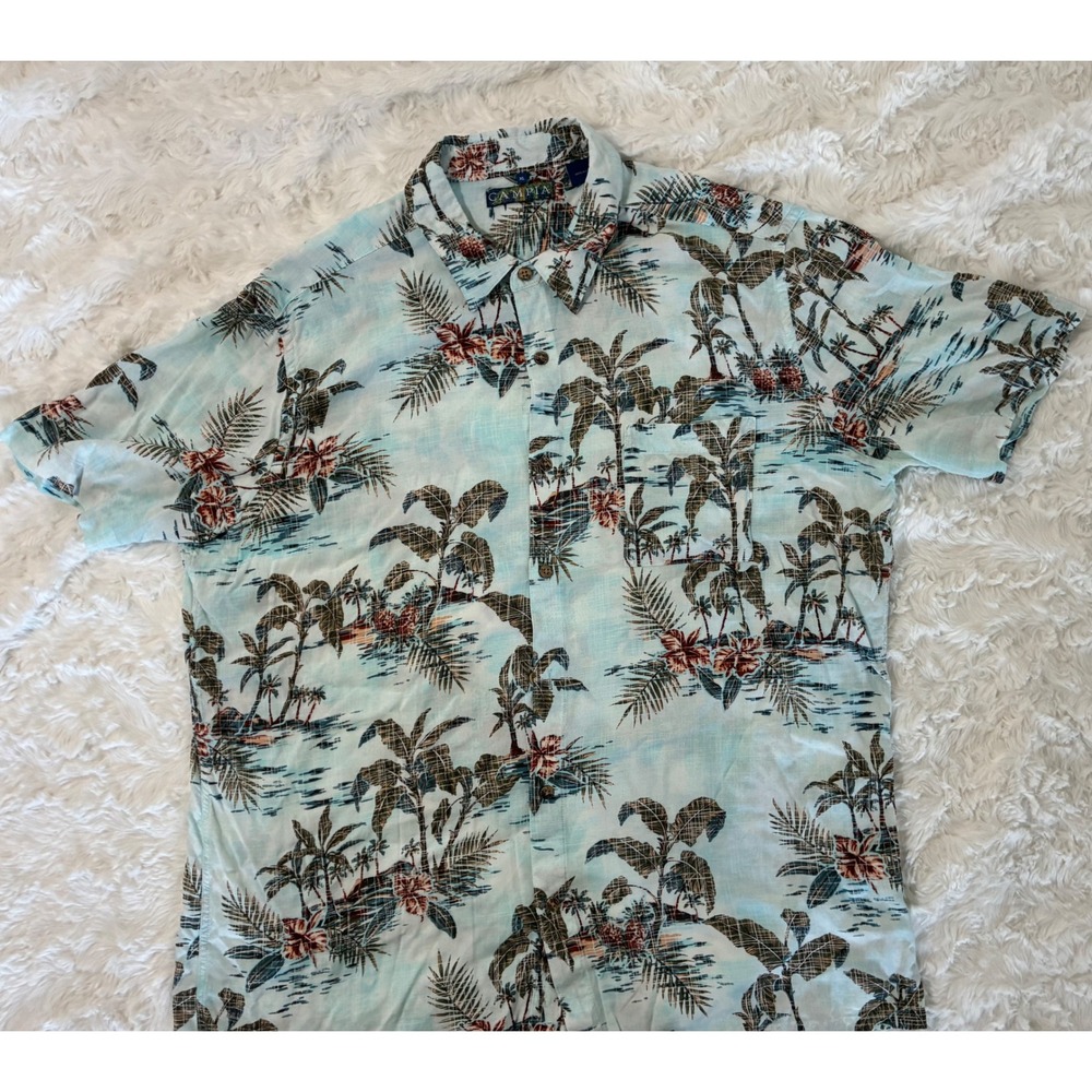 Campia Mens XL Hawaiian Shirt Light Blue Rayon Tropical‎ Palm Tree Floral Print